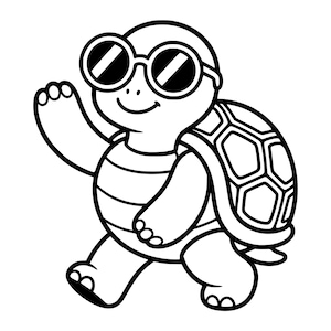 May include: A black and white line art illustration of a cartoon turtle wearing round sunglasses. The turtle is depicted in a walking pose with one arm raised in a wave, featuring a patterned shell with hexagonal segments and a smiling expression.