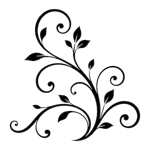 May include: A black graphic illustration featuring a central curved stem with multiple swirling tendrils and pointed leaves extending outward. The design is composed of smooth, flowing lines that create a symmetrical, organic, and decorative pattern.