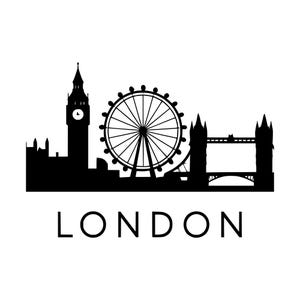 Puede incluir: Una silueta negra del horizonte de Londres que incluye el Big Ben, el London Eye y el Tower Bridge. La palabra LONDON aparece impresa en letras mayúsculas negras centrada debajo de los monumentos sobre un fondo blanco liso.