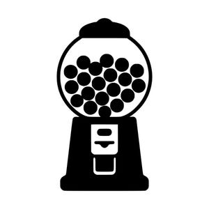Może przedstawiać: Czarno-biała ikona graficzna przedstawiająca automat do gum do żucia. Projekt zawiera okrągłą szklaną kulę wypełnioną licznymi solidnymi czarnymi okrągłymi gumami, umieszczoną na solidnej podstawie z centralnym mechanizmem dozującym i uchwytem.