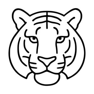 Puede incluir: Una ilustración de arte lineal en blanco y negro de una cabeza de tigre mirando hacia adelante. El diseño presenta contornos audaces y limpios que definen los rasgos faciales del tigre, incluyendo sus orejas, ojos, nariz, boca y rayas.