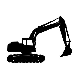 Può includere: Una sagoma nera solida di un escavatore da cantiere. Il macchinario pesante presenta un sottocarro cingolato, una cabina operatore centrale, un lungo braccio articolato e una grande benna posizionata sulla parte anteriore del veicolo.