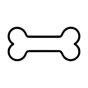 Könnte beinhalten: Eine einfache schwarz-weiße grafische Illustration eines Hundeknochens. Das Design zeigt eine dicke schwarze Umrandung, die die klassische Form eines Knochens mit abgerundeten Enden und einem geraden Mittelteil auf weißem Grund bildet.