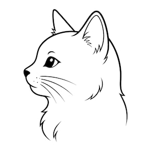 Puede incluir: Una ilustración de arte lineal en blanco y negro de una cabeza de gato de perfil. El dibujo presenta contornos limpios y marcados que definen las orejas puntiagudas, los bigotes y los rasgos faciales del gato sobre un fondo blanco.