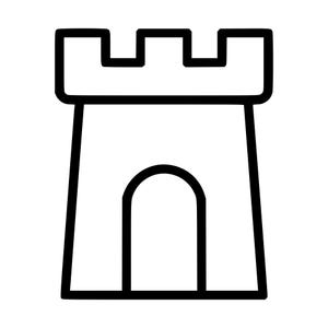 Puede incluir: Un icono de arte lineal en blanco y negro de una torre de castillo. El diseño presenta una puerta central arqueada en la base y una parte superior almenada con tres hendiduras rectangulares distintas, creando una silueta de fortaleza clásica.