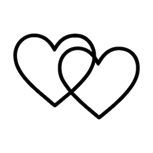 Può includere: Un'illustrazione grafica in bianco e nero che presenta due forme a cuore sovrapposte, delineate da una spessa linea nera. I cuori sono posizionati fianco a fianco, con il cuore sinistro che copre parzialmente quello destro, creando un design continuo.