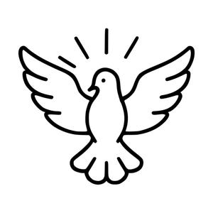 May include: A black and white line art illustration of a dove in flight with wings spread wide. The bird is depicted in a simple, clean style with a small dot for an eye and five short vertical lines radiating from above its head.