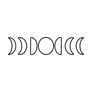 May include: A black and white line art graphic depicting the lunar cycle, featuring seven distinct moon phases arranged horizontally, starting with a thin crescent, progressing to a full circle, and ending with a thin crescent.