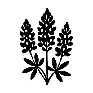 Può includere: Una silhouette grafica nera di tre steli di lupino con grappoli di fiori conici e foglie palmate alla base. Il design presenta una forma nera solida e ad alto contrasto su uno sfondo bianco uniforme.
