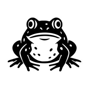 May include: A high-contrast black and white graphic illustration of a frog viewed from the front. The design features a solid black body with white spots on the back and head, and a large white belly area with scattered black spots.