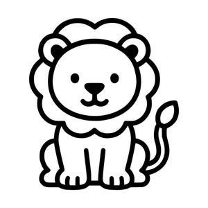 May include: A black and white line art illustration of a seated lion. The lion features a rounded mane, two small ears, a simple nose, a curved mouth, and a tail with a tufted end. The design uses bold, clean outlines against a plain background.