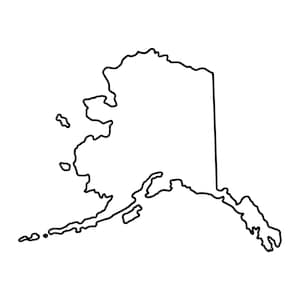 May include: A simple black line drawing depicting the geographical outline of the state of Alaska. The illustration features the distinct jagged coastline, the Aleutian Islands extending to the west, and the straight eastern border line.
