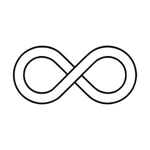 Pode incluir: Uma ilustração gráfica a preto e branco de um símbolo de infinito. O design consiste numa linha preta espessa e contínua que forma uma figura de oito horizontal com um centro oco, sobre um fundo branco sólido e liso.
