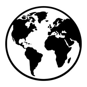 May include: A circular graphic illustration of the Earth featuring black continents set against a white background, enclosed within a thick black circular border. The design displays the landmasses of North and South America, Europe, and Africa.