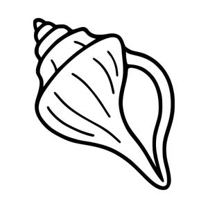 May include: A black and white line art illustration of a spiral seashell. The drawing features a pointed apex, a series of curved ridges along the body, and a wide, elongated opening on the right side, rendered with clean, bold outlines.