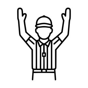 Peut inclure: Une icône en noir et blanc représentant un arbitre sportif portant une chemise rayée et une casquette, les deux bras levés au-dessus de la tête dans un signal de touchdown. Le dessin présente un contour simple avec un sifflet sur la poitrine.