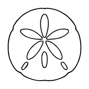 May include: A black and white line drawing of a sand dollar. The circular object features a central five-petaled flower pattern with symmetrical petal shapes radiating from the center and small oval perforations near the bottom edge.