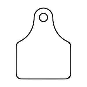 Puede incluir: Un icono de tabla de cortar blanca con un contorno negro grueso. La forma presenta una base rectangular con esquinas redondeadas y una sección superior que sobresale e incluye un orificio circular para colgar, presentada como una ilustración gráfica simple.