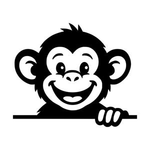 May include: A black and white graphic illustration of a monkey face with large ears and a wide smile. The monkey is positioned behind a horizontal line, with one hand visible resting on the edge, creating a peeking effect in a simple design.