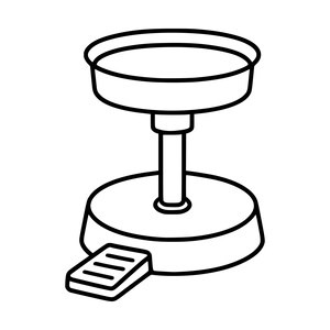 May include: A black and white line art illustration of a pedestal-style basin or bowl mounted on a central column base. The structure includes a circular top basin, a vertical support post, a wide circular base, and a small rectangular foot pedal.