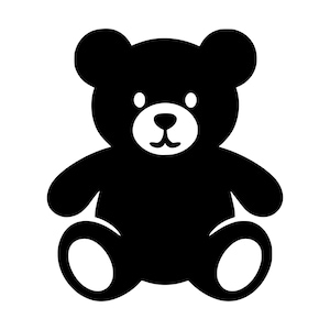 Puede incluir: Una ilustración gráfica en blanco y negro de un oso de peluche. El oso está representado en un estilo de silueta negra sólida con un área de hocico circular blanca, ojos circulares blancos y parches ovalados blancos en las plantas de los pies.