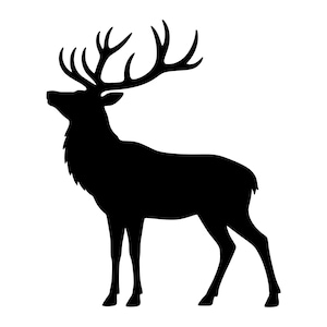 Può includere: Una silhouette nera solida di un cervo in piedi con grandi palchi ramificati. L'animale è raffigurato di profilo, rivolto verso sinistra, con la testa leggermente inclinata verso l'alto, mettendo in risalto le punte dettagliate del suo palco.