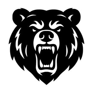 Può includere: Un'illustrazione grafica in bianco e nero ad alto contrasto di una testa di orso rivolta in avanti. L'orso è raffigurato con un'espressione aggressiva, con la bocca spalancata, denti affilati visibili e motivi di pelliccia stilizzati.