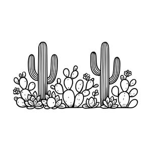 Könnte beinhalten: Eine schwarz-weiße Strichzeichnung, die zwei hohe Saguaro-Kakteen inmitten verschiedener kleinerer Feigenkakteen und Sukkulenten zeigt. Die Zeichnung verwendet klare, kräftige Umrisslinien, um die Formen der Wüstenvegetation zu definieren.