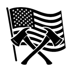 May include: A black and white graphic illustration featuring a waving American flag with a field of stars and horizontal stripes. Two fire axes are positioned in a crossed formation in the foreground, overlapping the center of the flag design.