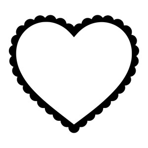 Puede incluir: Una forma de corazón negra sólida con un borde festoneado. El interior del corazón es blanco, creando un diseño gráfico de alto contraste. El contorno festoneado sigue todo el perímetro del corazón, proporcionando un marco decorativo.