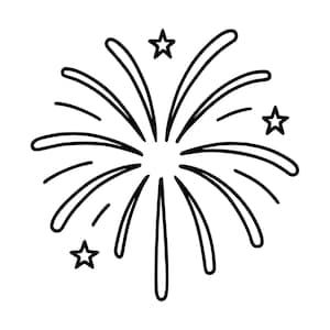 May include: A black and white line art illustration of a firework burst. The design features multiple curved lines radiating outward from a central point, interspersed with three small five-pointed stars positioned around the perimeter.