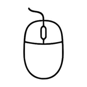 Może przedstawiać: Czarno-biała ilustracja liniowa myszy komputerowej. Projekt przedstawia zaokrąglony owalny kształt z centralnym kółkiem przewijania i przewodem wychodzącym z góry, wykonany w czystym stylu z wyraźnymi, grubymi czarnymi konturami.