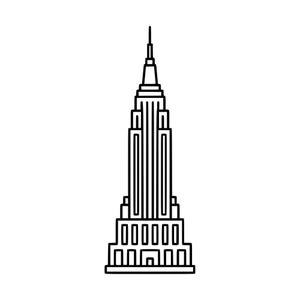 Peut inclure: Une illustration en noir et blanc au trait de l'Empire State Building. Le dessin présente la silhouette emblématique du gratte-ciel à gradins avec des lignes verticales, une flèche centrale et des motifs de fenêtres rectangulaires.