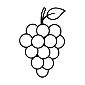 Può includere: Un'illustrazione a linee bianche e nere di un grappolo d'uva. Il disegno presenta un gambo centrale con una singola foglia che si estende dalla parte superiore, collegata a un grappolo di forme d'uva circolari e arrotondate in triangolo.