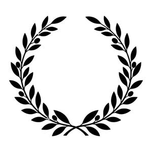 May include: A black graphic illustration of a circular laurel wreath. The design features two symmetrical branches with pointed leaves and small oval-shaped berries, curving upward to meet at the top and crossing at the bottom base.