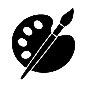 Könnte beinhalten: Ein einfarbig schwarzes Grafiksymbol, das eine Malerpalette mit vier einzelnen ovalen Farbmulden in einer vertikalen Reihe darstellt, überlagert von einem einzelnen Künstlerpinsel, der diagonal über die Mitte der Palettenform positioniert ist.