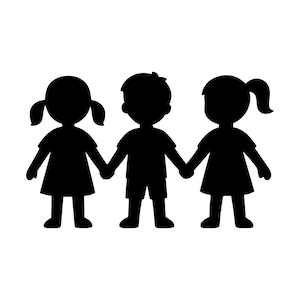 Könnte beinhalten: Eine schwarze Silhouettengrafik von drei Kindern, die in einer Reihe stehen und Händchen halten. Die Figur links hat Zöpfe, die mittlere Figur hat kurzes Haar und die Figur rechts trägt einen Pferdeschwanz. Alle drei tragen einfache Kleidung.