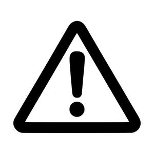 May include: A black and white graphic icon featuring a bold equilateral triangle with rounded corners. Inside the triangle, a centered vertical exclamation mark is positioned above a circular dot, representing a standard warning symbol.