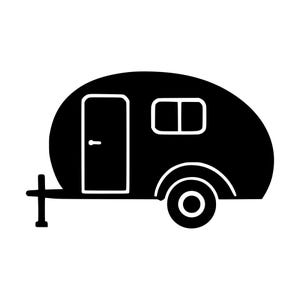 May include: A black and white graphic icon of a teardrop-shaped travel trailer. The design features a solid black silhouette with white outlines depicting a rectangular door, a rectangular window, a single wheel, and a front hitch stand.