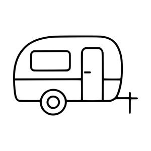 Peut inclure: Une illustration en noir et blanc au trait représentant une caravane. Le véhicule présente une forme arrondie, une fenêtre rectangulaire, une porte verticale avec une poignée, une roue circulaire et une attache à l'avant du châssis.