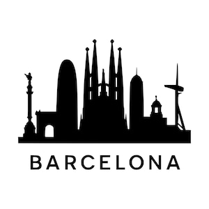 Könnte beinhalten: Eine schwarze Silhouette der Skyline von Barcelona mit der Sagrada Familia, dem Kolumbus-Denkmal und dem Torre Glòries, wobei das Wort BARCELONA in einer klaren, serifenlosen Großbuchstabenschrift unter den Gebäuden abgebildet ist.