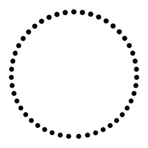 May include: A circular graphic composed of a series of evenly spaced, solid black dots arranged in a ring formation. The center of the circle is empty, creating a simple, geometric outline defined entirely by the individual circular black points.