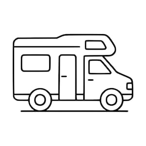 Könnte beinhalten: Eine schwarz-weiße Strichzeichnung eines Freizeitfahrzeugs, auch bekannt als Wohnmobil. Die Zeichnung zeigt eine Seitenansicht des Fahrzeugs mit Alkoven-Design, einem rechteckigen Fenster, einer Tür und zwei Rädern.