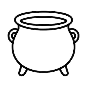 Op de afbeelding: Een zwart-witte lijntekening van een ronde ketel met een wijde opening, twee kleine handvatten aan de zijkanten en drie korte pootjes. Het ontwerp heeft een dikke, opvallende omlijning tegen een effen witte achtergrond.