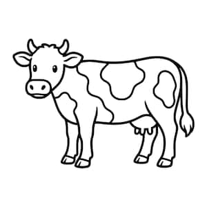 May include: A black and white line art illustration of a cow standing in profile. The cow features a simple cartoon style with distinct spots on its body, small horns, and a visible udder. The drawing uses bold black outlines on a white background.