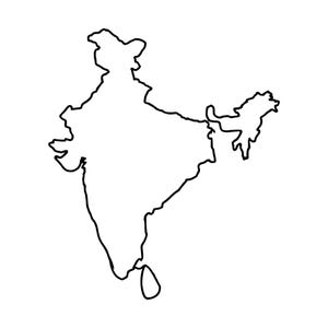 Op de afbeelding: Een eenvoudige zwarte lijntekening die de geografische omtrek van India weergeeft, inclusief het eiland Sri Lanka in het zuiden. De illustratie heeft een strakke esthetiek met een doorlopende zwarte rand op een witte achtergrond.
