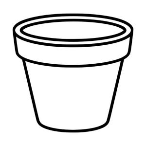 May include: A simple black and white line drawing of a flower pot. The illustration features a thick black outline forming the shape of a tapered container with a wide, flat rim at the top and a solid white interior space for a clean graphic look.