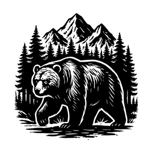 May include: A black and white graphic illustration featuring a large bear walking in the foreground. Behind the bear is a dense forest of pine trees and a set of jagged, snow-capped mountain peaks. The design uses high-contrast ink lines.