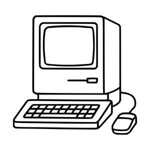 May include: A black and white line drawing of a vintage desktop computer featuring a boxy monitor with a screen, a separate keyboard with rectangular keys, and a computer mouse connected by a cord extending from the side of the computer base.
