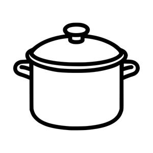 May include: A black and white line art illustration of a cooking pot with a lid. The pot features a cylindrical body, two side handles, and a circular lid with a central knob handle, all rendered in a clean, bold, and minimalist graphic style.
